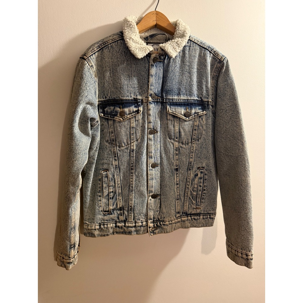 Refinery Republic Mens Acid Wash Denim Sherpa Lined Trucker Jacket Blue Medium